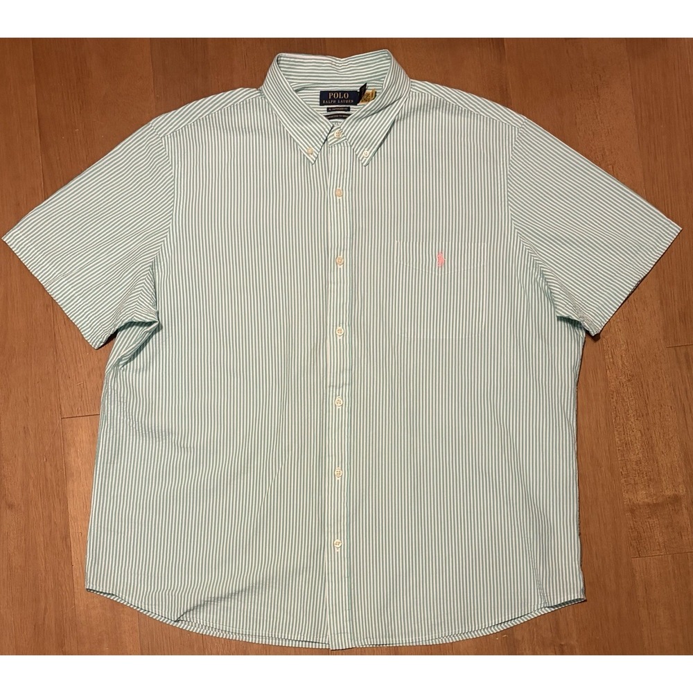 Polo Ralph Lauren Green Seersucker Shirt XXL Striped Short Sleeve Untucked EUC